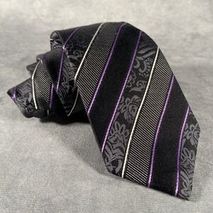 Orvieto Vintage Paisley Striped Black & Purple Silk Tie Floral‎ Necktie